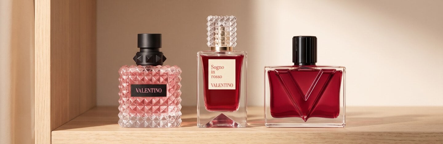 An image of Valentino Born In Roma, Valentino Sogno in Rosso, and Valentino Vendetta Donna on a shelf.