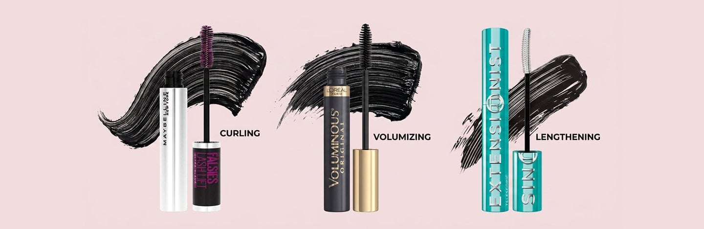 Three side-by-side swatches of mascara formulas—curling, volumizing, and lengthening—each labeled and paired with matching brush icons to visualize their unique effects