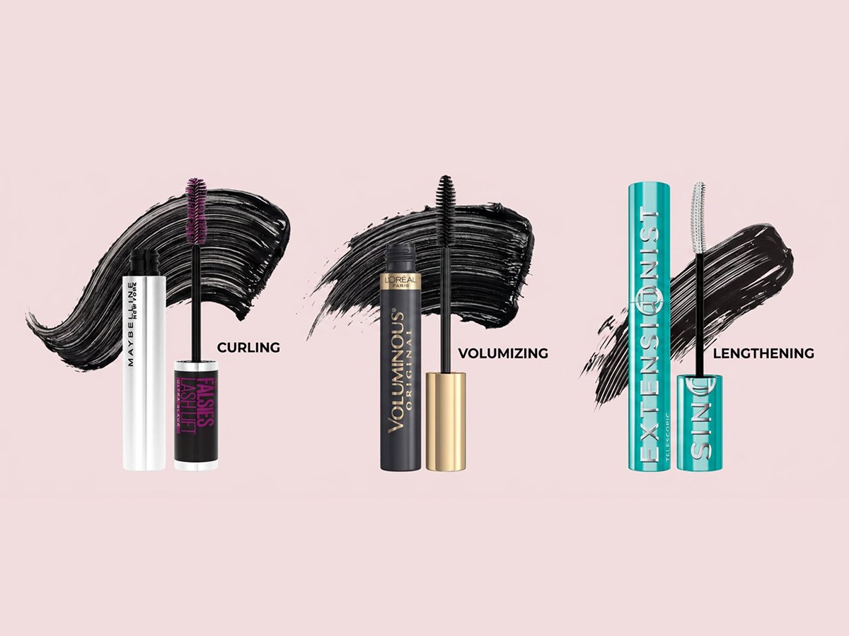 Three side-by-side swatches of mascara formulas—curling, volumizing, and lengthening—each labeled and paired with matching brush icons to visualize their unique effects