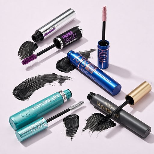 Maybelline The Falsies Lash Lift Mascara, L’Oreal Paris Extensionist Telescopic Waterproof Mascara, Maybelline Lash Sensational Sky High Mascara, and L’Oreal Paris Voluminous Original Mascara