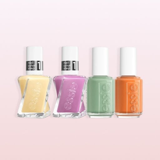 An image featuring essie nail polish bottles in the shades: Crunch Crunch, Apricot Jelly, Atelier At The Bay, and Dress Call.