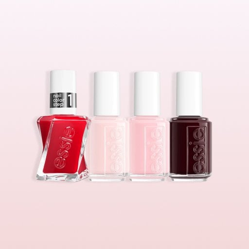An image featuring essie nail polish bottles in the shades: Ballet Slippers, Mademoiselle, Rock The Runway, and Wicked.