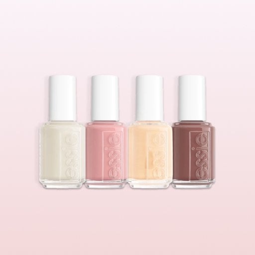 An image featuring essie nail polish bottles in the shades: Topless & Barefoot, Shittake Happens, Crystayl Ball, and Crochet Away.