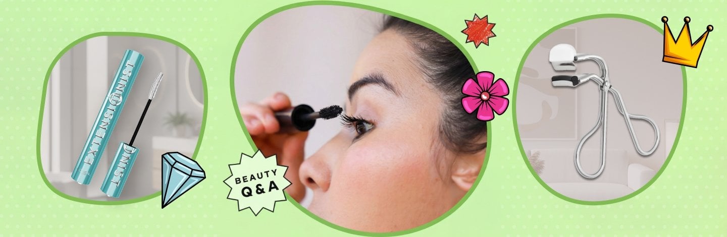 A graphic image featuring a close-up photo of a woman applying mascara to her eyelashes set over a light green background with the words “Beauty Q&A.”