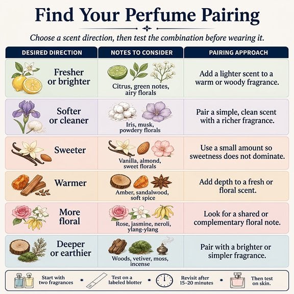 perfume pairing guide showing six scent goals, notes to consider, and how to combine them. 