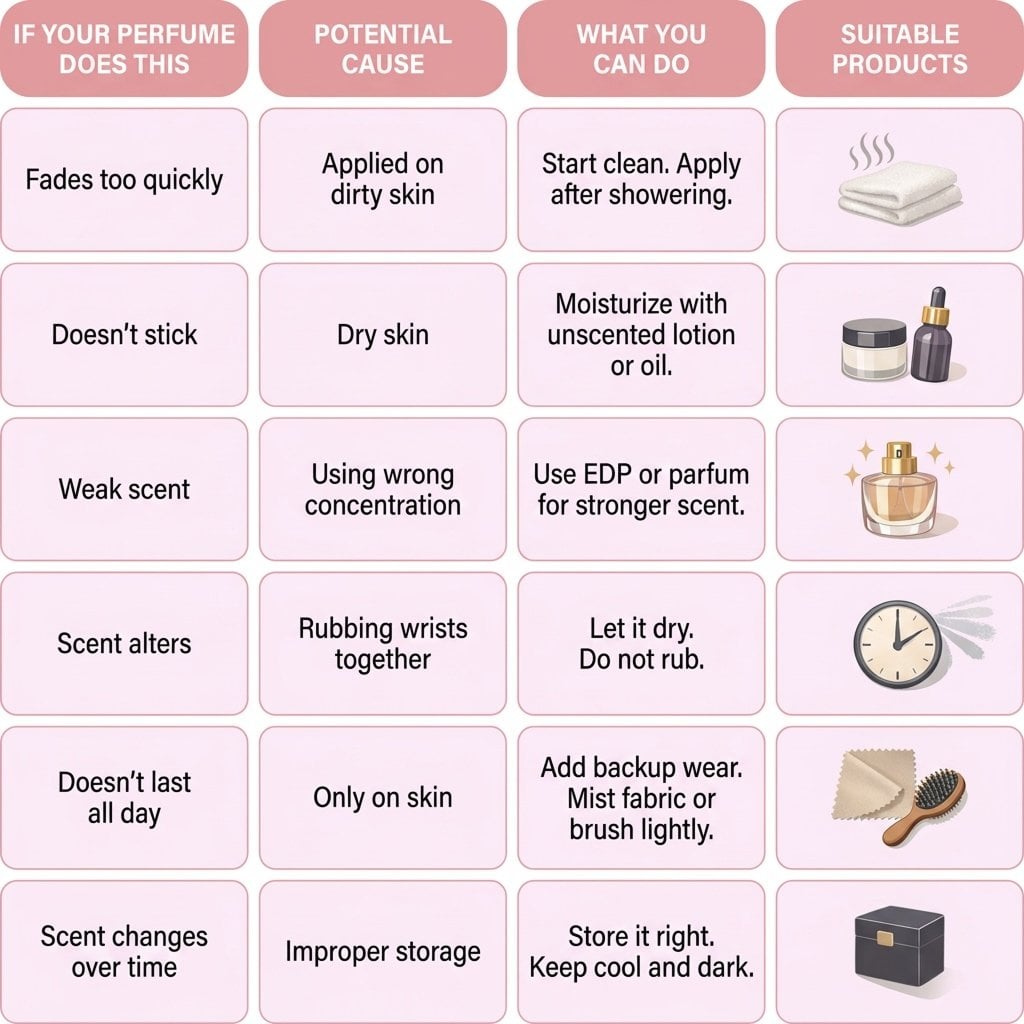 A graphic that explains how to properly apply fragrance in a way that can help it last longer.