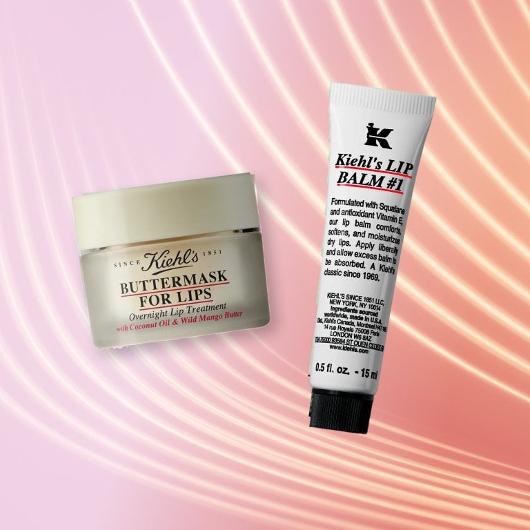 Kiehl’s Buttermilk For Lips and Kiehl’s LIP Balm #1 on a textured background