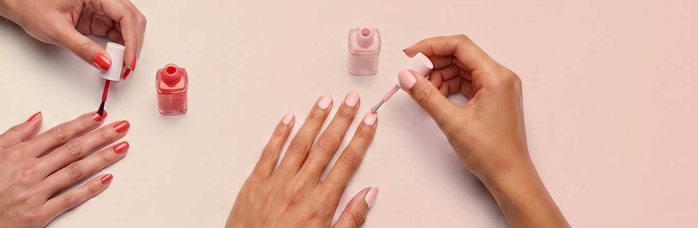 Two women’s hands with each woman applying red or light pink nail polish onto their fingers