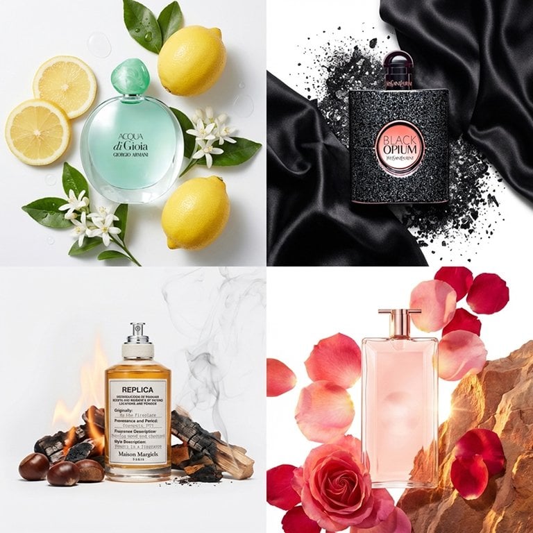 Georgio Armani, YSL, and Maison Margiela perfumes in a collage.
