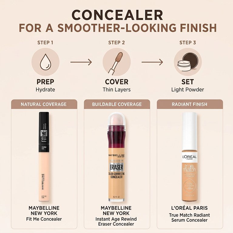 A graphic outlining three steps to a smoothing-looking makeup look using concealer. Three different concealers are also pictured