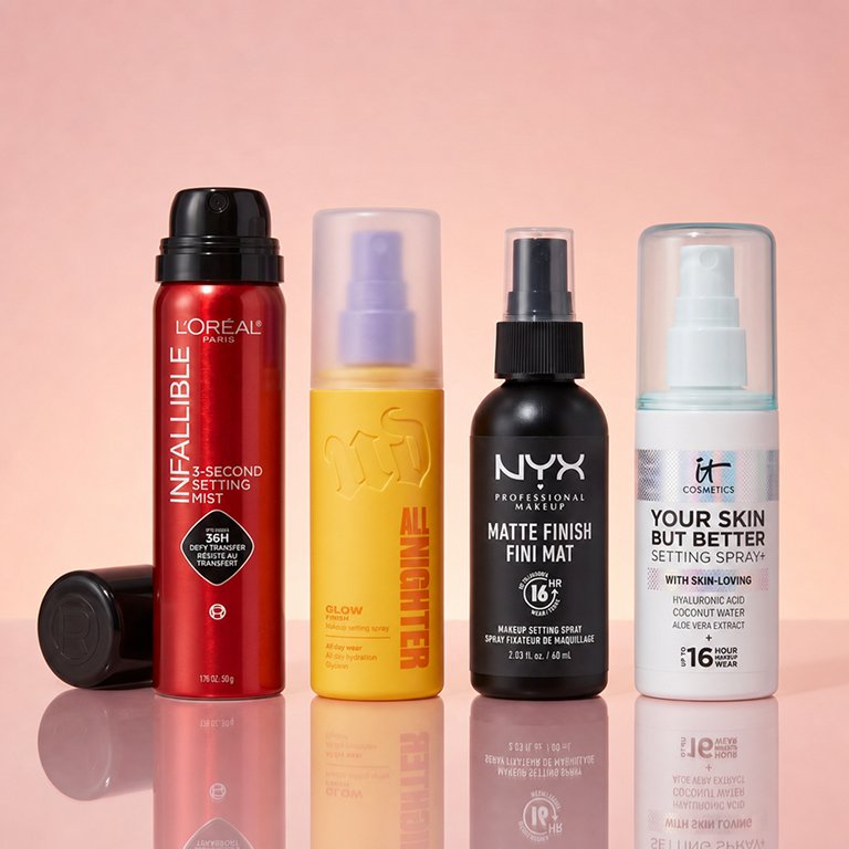 Image of the products L'Oreal Infallible 3-Second Setting Mist, Urban Decay All Nighter Glow Makeup Setting Spray, NYX Matte Finish Fini Mat Makeup Setting Spray, it cosmetics Your Skin But Better Setting Spray on a pink gradient background