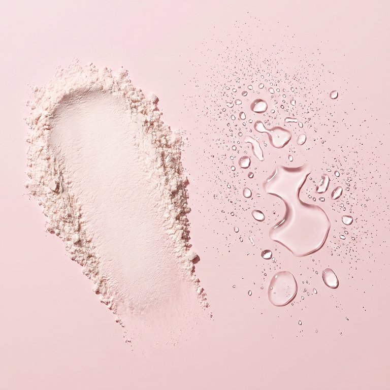 Swatch and texture comparison of setting powder vs. setting spray in abstract formats on a pink gradient