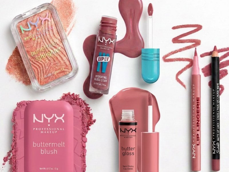 NYX Professional Makeup Buttermelt Blush, Buttermelt Highlighter, Lip IV Hydrating Gloss Stain, NYX Professional Makeup Butter Gloss Non-Sticky Lip Gloss in Tiramisu, Lip Lingerie Lip Liner Stain, and Suede Matte Lip Liner arranged with coordinated pink, peach, mauve, berry, and brown swatches. No people or faces.