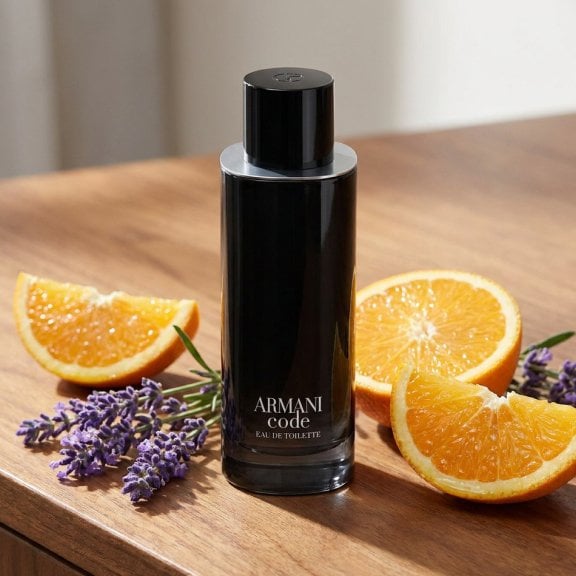 A bottle of Armani Code Eau de Toilette in a setting where it appears with natural light and orange slices and lavender