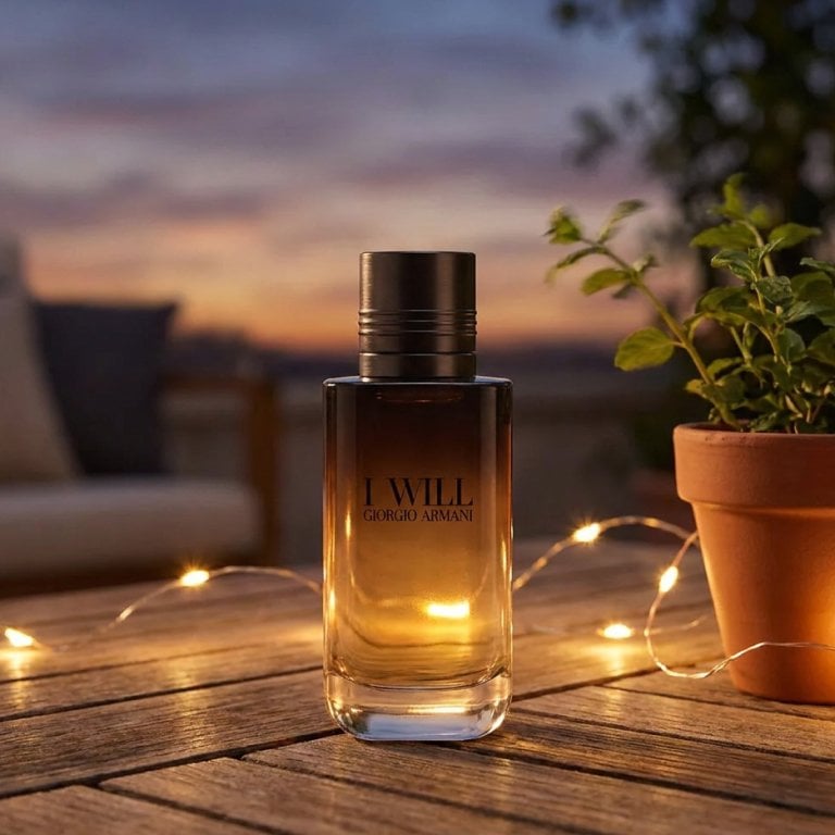 A vibrant outdoor patio scene captured during twilight, featuring a sleek bottle of I Will Eau de Parfum standing on a rustic wooden table next to glowing string lights and a small potted plant, with a gentle breeze and a soft-focus evening sky creating an inviting, open-air ambiance.