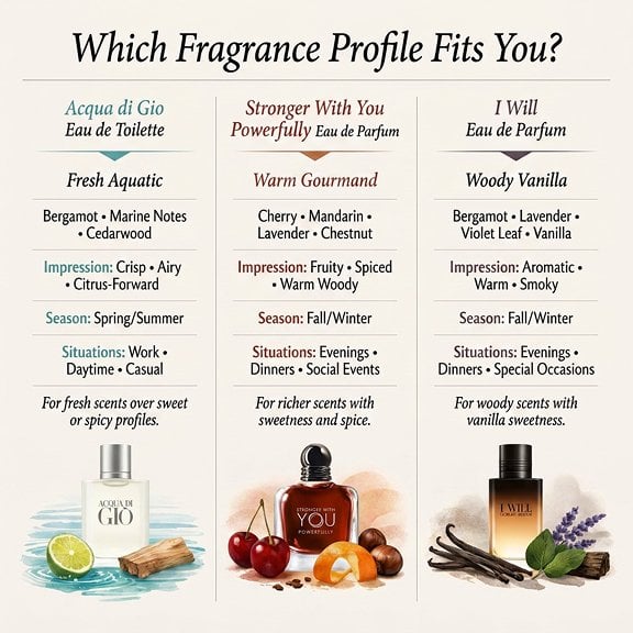 Chart outlining which fragrance profile fits you featuring three Armani fragrances compared by scent profile, notes, season, and occasion.