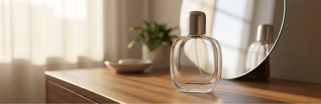 A clean, inviting lifestyle shot featuring  a chic, modern perfume bottle on a sleek wooden vanity, flanked by soft morning sunlight streaming through a window and a gentle reflection in a clean round mirror, creating a welcoming and aspirational atmosphere.