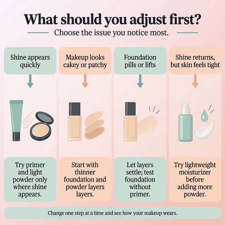 decision chart matching oily-skin makeup issues with first adjustments to try
