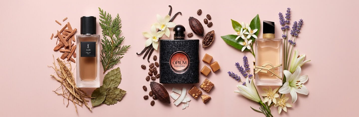 Bottles of the YSL perfumes mentioned in this article surrounded by their individual fragrance notes.