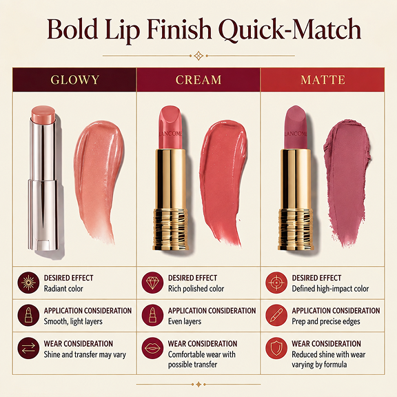 Comparison chart of luminous, cream, and matte lipstick finishes, including desired effect, application considerations, and wear characteristics.