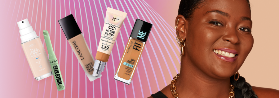 Smiling woman with gold jewelry and pink lipstick beside five foundation and concealer products on a pink and purple striped background.