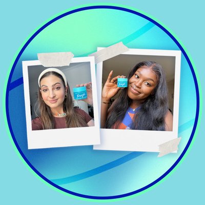 Editors holding up nyx freezie makeup primer on a blue background