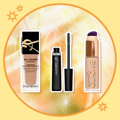 YSL All Hours Foundation, Telescopic Lift Mascara, and UD Quickie Concealer collaged onto a yellow background