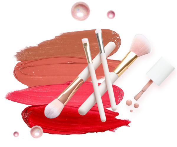 Collage of makeup swipes and brushes in red and brown hues